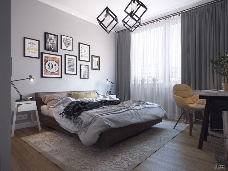 Эксклюзивное освещение для спальни в стиле лофт делает дизайнерскую концепцию завершенной. Лампы заключены в кубические плафоны из металла.