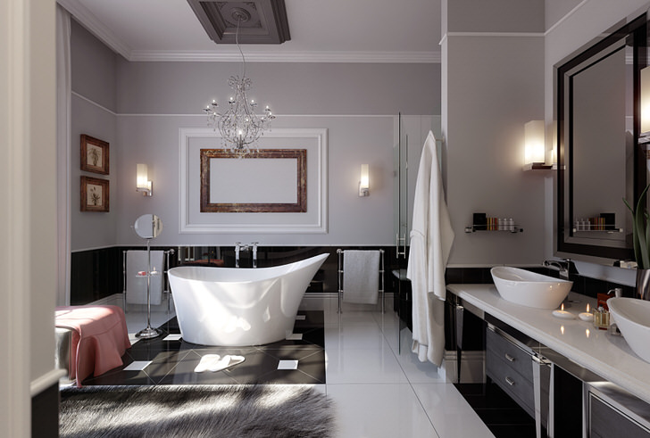 Просторная, светлая ванная комната . Тонким дизайнерским решением можно назвать ковер из натуральной шерсти.