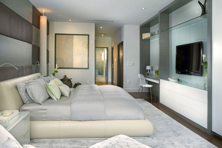 Спальня в стиле модерн в серых и нежно-голубых тонах. 